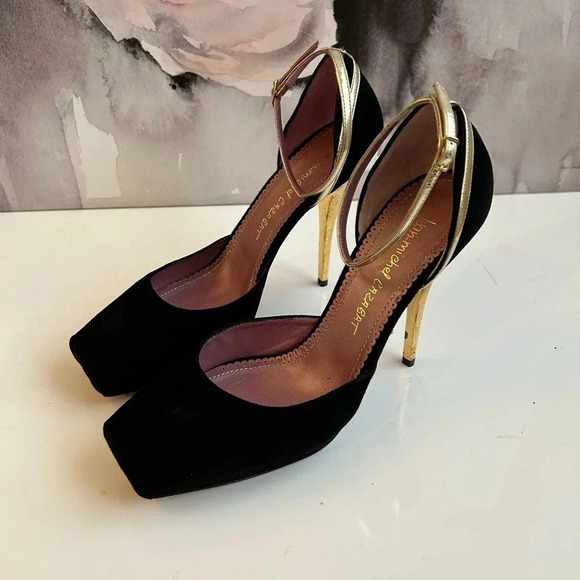 ! Jean Michel Cazabat black and gold ankle strap pumps - Picture 1 of 8